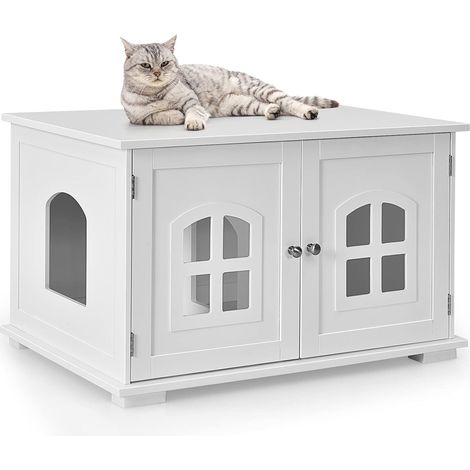 Costway – Maisonnette pour chat en MDF avec entrée latérale – Dimensions 81x53x49 cm – Ventilation optimale avec fenêtres – Plateau large pour rangement (1/5)