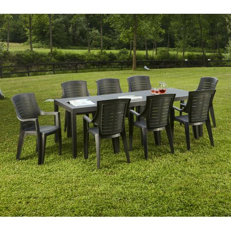 Ipae Progarden – Table de jardin extensible - 150-220 cm – Noir anthracite – Accueille jusqu'à 10 personnes – Imperméable et déperlant - 90x220x72h