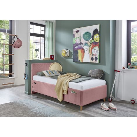 Meise Möbel Kinderbett Cool 90x200 cm Bettkasten & Lattenrost Cordstoff Rose Holzfuß eichefarbig (1/5)