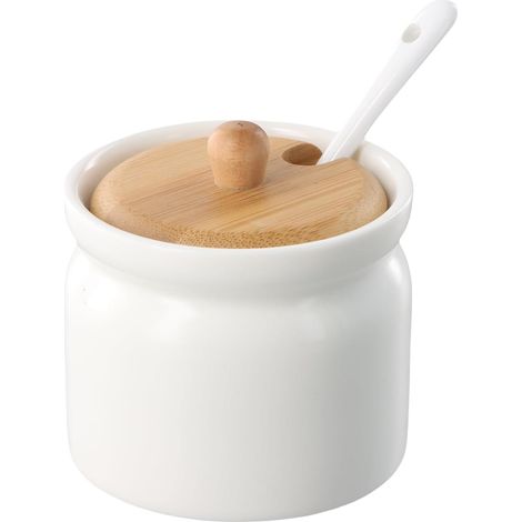 Azucarero de porcelana con tapa y cuchara, pequeño azucarero de cerámica, especiero para cocina y café, 6,8 x 8 cm (1/5)