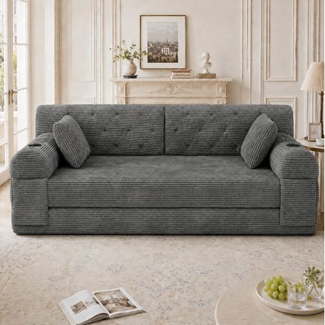 Sofá cama 2 plazas 168x80x81 cm gris oscuro con 2 portavasos, tejido acanalado MEUBLIV (1/5)