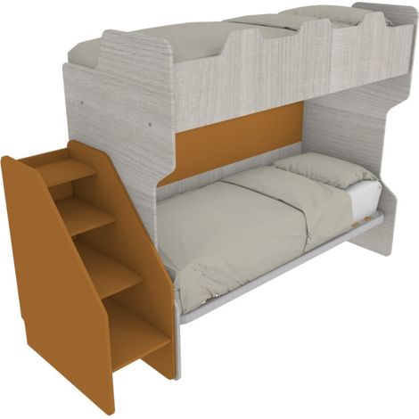 Letto a castello salvaspazio con terzo letto estraibile e scala laterale - Ideale per camerette - Rovere rock