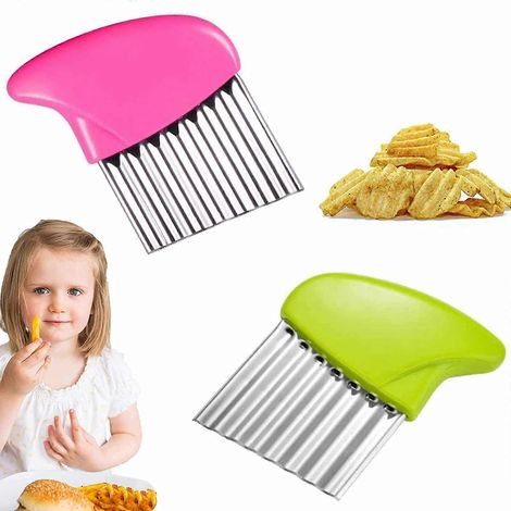 Lot de 2 couteaux à lame ondulée - Couteau à pommes de terre en acier inoxydable - Couteau à lame ondulée - Idéal pour la préparation des frites (Rose Vert) (1/5)