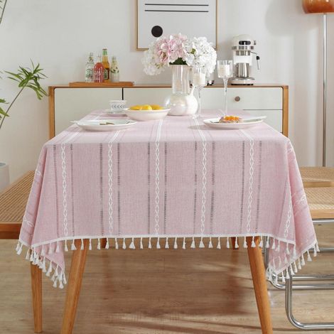 Nappe rose coton-lin avec pompons, 140x300 cm, Lavable