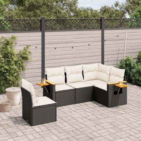 Ensemble Salon Jardin 5 Places Résine Tressée Noir avec Coussins Crème - Canapé d'Angle Modulaire (1/4)