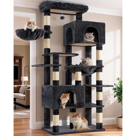 Arbre à Chat XXL 193cm, Base Extra Large, Tour Lourde avec 10 Poteaux en Sisal et 2 Hamacs pour Chats, 2 Niches Design, Mobilier et Couchage pour Chats Géants, Gris Fumé HCT039G (1/5)
