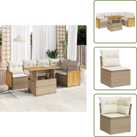 6-tlg. Garten-Sofagarnitur mit Kissen Beige Poly Rattan Akazie - Gartensofa Set - Garten Sofa Set - Outdoor Sofa Set - Garten Sofagarnitur (1/5)