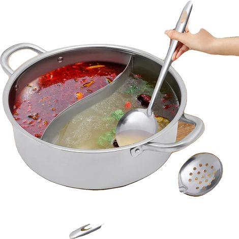 Fondue Chinoise, Acier Inoxydable 304, Diamètre de 32 cm, Séparateur à Double Saveur, Sûr pour les Aliments, Comprend une Cuillère et une Cuillère Fuyante (1/5)