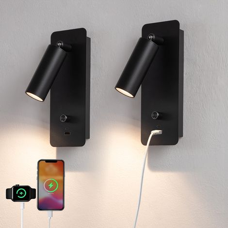 Set 2 Lumière murale LED, rotation 350°, réglage de la luminosité, avec port USB Type-C, 8W 3000K, lampe de chevet de style minimaliste, décoration chambre, noir (1/5)