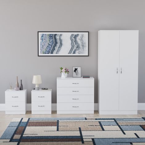Riano 4 Piece Bedroom Set (2 Drawer Bedside Chest, 4 Drawer Chest, 2 Door Wardrobe), White (1/5)