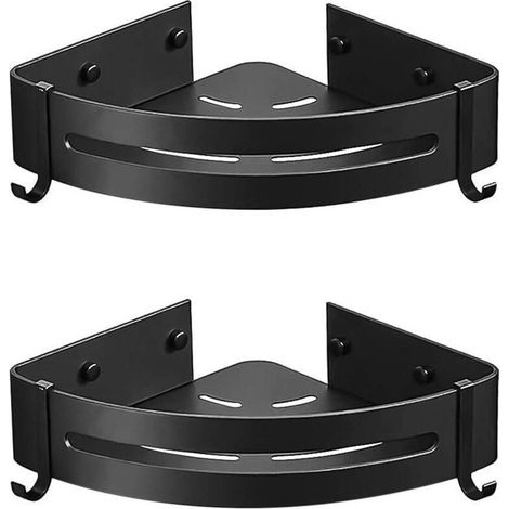 Estante esquinero para ducha, sin clavos, estante adhesivo para pared de baño (no requiere perforación), juego de 2 con 4 ganchos extraíbles, cesta de almacenamiento de aluminio resistente a la corros