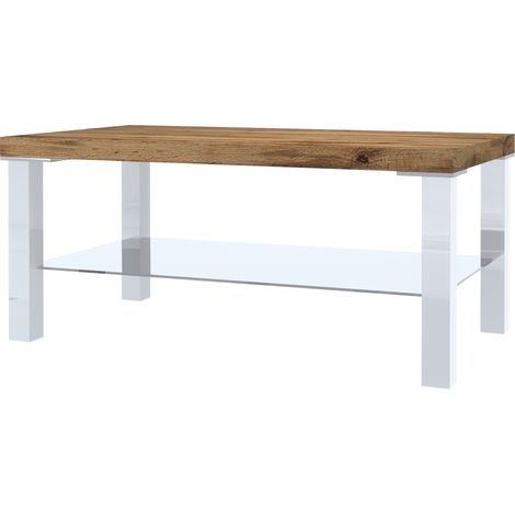 BELINI Table Salon - Table Basse Salon avec Verre NEX SK I Tables Basses de Salon - Teille: 45 x 90 x 43,5 cm I Table de Salon Basse - Couleur: Blanc/chêne wotan (1/5)
