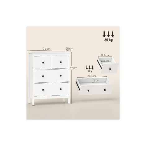 Commode blanche à 4 tiroirs en panneaux de particules avec rangement pour vêtements et linge de lit, pour chambre, salon et entrée (1/5)