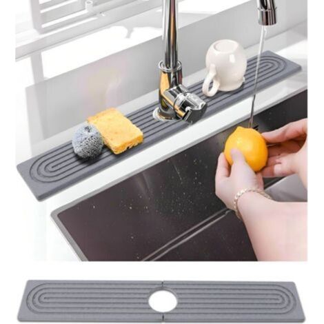 Tapis de Robinet Silicone, Protection Anti-Éclaboussures pour Robinet d'Évier, Tapis d'Évier pour Comptoir de Cuisine et de Salle de Bain (Gris, 30 cm)