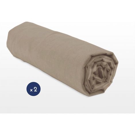 Lot de 2 draps housse uni coton 57 fils beige 140 x 190 cm bonnet 25 cm