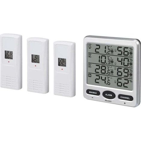 Thermo-hygromètre numérique sans fil 433 MHz avec écran LCD, pour une utilisation intérieure et extérieure, équipé de trois capteurs déportés et d'une fonction d'alarme de niveau de confort. (1/4)