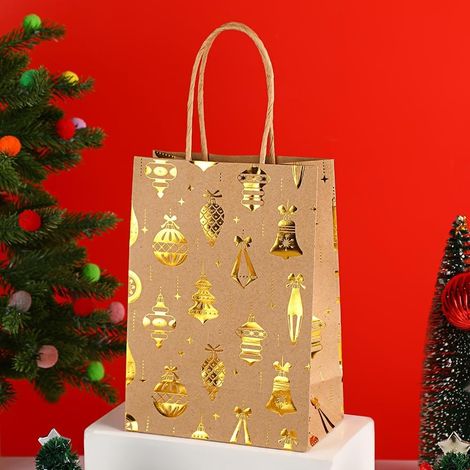 Set mit 12 weihnachtlichen Geschenktüten aus Kraftpapier, heißgeprägt, mit Henkeln, für Weihnachtsfeierverpackungen, Dekoration (Glöckchen)