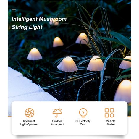 Guirlande lumineuse solaire étanche pour jardin extérieur, pelouse, décoration, lampe LED champignon. (1/3)