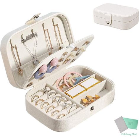Boite à Bijoux,Petit Coffret à Bijoux Femmes Filles Voyage Organisateur de Bijoux,pour Bagues, Boucles, d'oreilles, Colliers, Bracelets,Comprend un chiffon de polissage en argent(Blanc) (1/5)