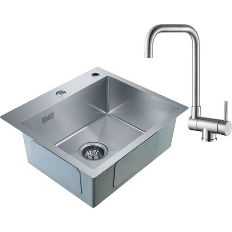 CECIPA 2 en 1 Lavelli da Cucina Trafilatura in Acciaio Inox 50 x 45 x 19 cm, Senza distributore di sapone + Rubinetto Cucina Miscelatore Lavello per Sottofinestra (1/5)