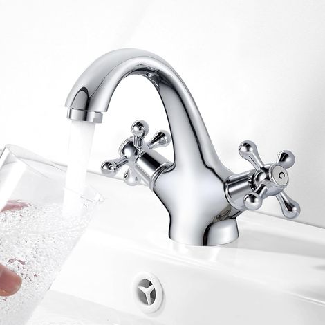 Modèle argenté à deux commandes – Laiton brossé rétro, raccord standard – Parfait pour meuble lavabo