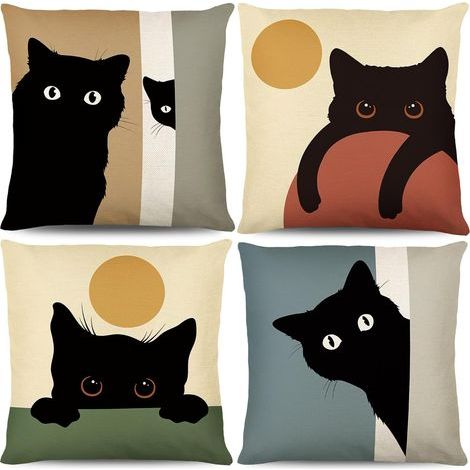 4 Pcs Cushion Cover, Cat Pattern Linen Sofa Cover, Pillowcases for Cat Lovers, Festive Decorations for Sofa, Living Room, Bedroom - 45 x 45 cm (1/5)