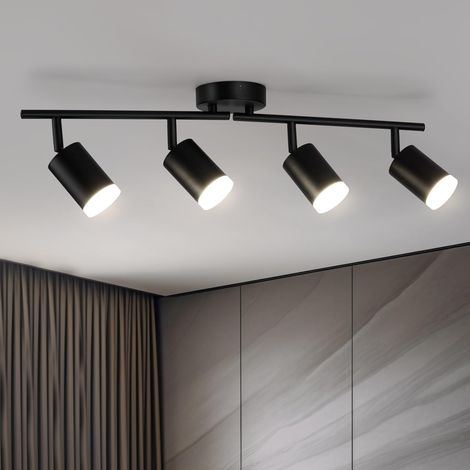 Noir Plafonnier LED 4 Spots Cuisine Lumiere Plafond Orientable Eclairage Précis, Lustre GU10 Ceiling Light Long Lampe Rampe Spot sur Rail pour Interieur Salon Bureau Chambre, Sans Ampoules (1/5)