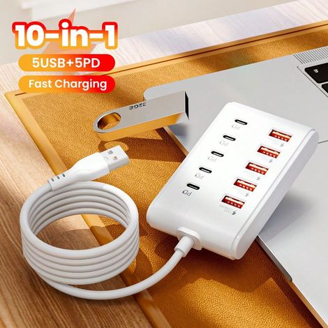 Multiprise 10 ports (5 USB Type C), avec câble de charge de 1m, adaptateur de station de charge pour maison et bureau, hub de charge rapide pour plusieurs appareils. (1/5)