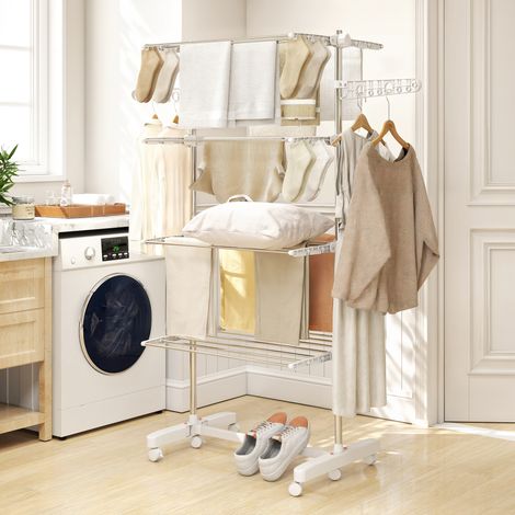 Étendoir à linge vertical pliable en acier et plastique avec 6 roulettes et 4 étagères réglables, 142 x 55 x 172 cm (1/5)