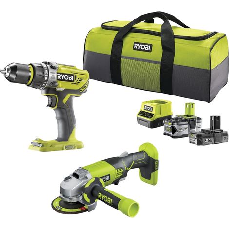 Combo 2 Outils 18 Volts ONE Plus : 1 Perceuse Percussion Plus 1 Meuleuse d'angle 115 mm 2 Batteries (2 and 4Ah), Chargeur, Sac de Transport (1/2)