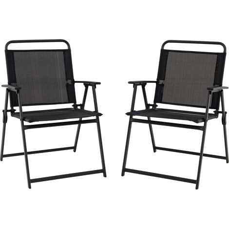 GOPLUS Lot de 2 Chaise de Jardin Exterieur Pliable et Portable, Fauteuil de Jardin en Tissu avec Cadre en Métal, Dossier et Accoudoirs, Charge 150 kg, Idéal pour Terrasse, Balcon (57x55x83cm, Noir)