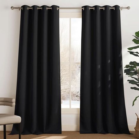 Thermal insulating blackout curtains, 2 pieces, 132 x 92 cm (W x H), opaque eyelet curtains, light insulation, UV protection, bedroom, living room, interior design, black (1/5)