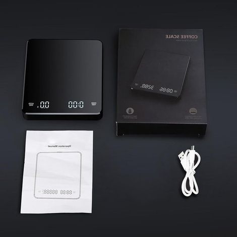 Balanza digital de cocina，Balanza con temporizador para café，Alta precisión de 0,1 g，Capacidad de 3 kg，Negra (1/5)