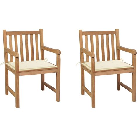 vidaXL Sillas de jardín 2 uds madera maciza de teca con cojines crema (1/4)