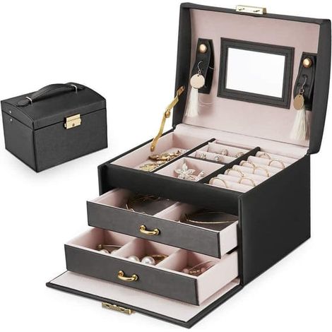 Grande boîte à bijoux à tiroir pour le rangement des bijoux, noire (1/5)