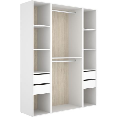 Pegane – Dressing ouvert blanc/naturel avec 2 penderies, 4 tiroirs – Dimensions 205 x 159 x 45 cm – Fond arrière réversible (1/5)