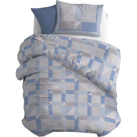 Parure de lit Simple en Flanelle 100% Coton - Housse de Couette 155 x 200 cm + taie d'oreiller 52 x 82 cm - Lavable en Machine à 40 °C - Motif Athènes Bleu (1/5)