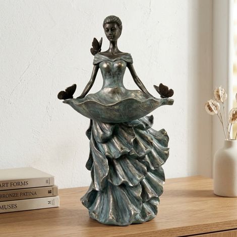Bronze Effect Lady with Leaf Sculpture (1/2)