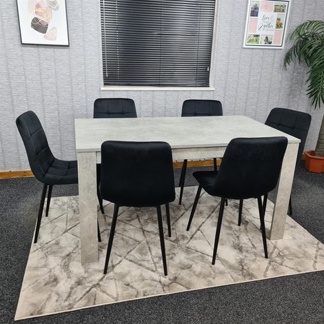 Dining Table and 6 Chairs Stone Grey Effect Wood Table 6 Black Velvet Chairs Dining Room (1/5)