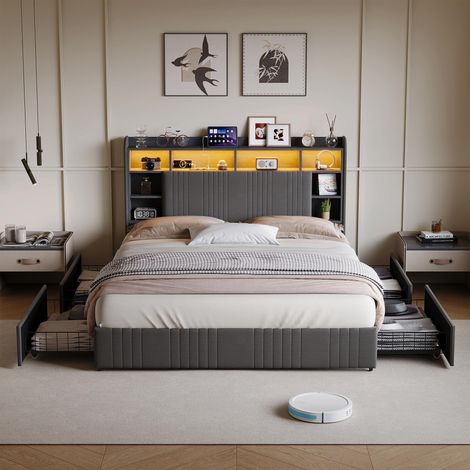 Lit avec tiroirs 140x200 cm avec tiroirs, tête de lit de rangement et LED Moderne - Lin - Gris