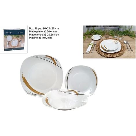 Servizio di Piatti da Tavola in Ceramica Quadrato Strisce Oro 18 Pezzi