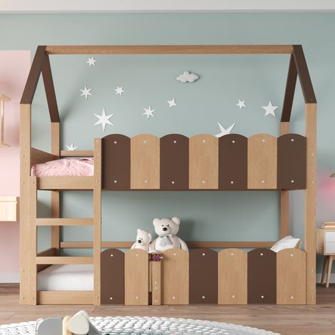 Lit pour enfants de 90×200 cm. Design en forme de maison, avec des barreaux de sécurité surélevés. Le lit supérieur est équipé d’un sommier en planches. Conçu pour les garçons et les filles. Couleur d (1/4)