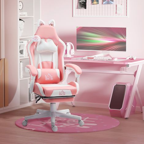 Chaise gaming ergonomique rose avec oreilles de chat – Soutien lombaire – Repose-pieds extensible – Appui-tête – Dossier inclinable – Hauteur de siège réglable, pivotante 360° (1/5)