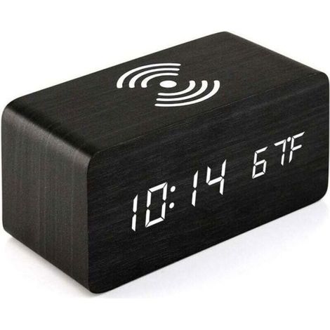 Réveil avec station de charge sans fil,horloge numérique LED en bois,contrôle du son,affichage de l'heure (1/4)