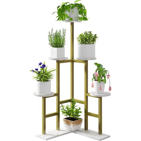 6 Niveaux Support de Plante en Métal Bois, 108cm de Haut Étagère d'Angle pour Pots de Fleurs Interieur, Porte Plantes d'Intérieur pour Terrasse Balcon Jardin Salon, Doré (1/5)