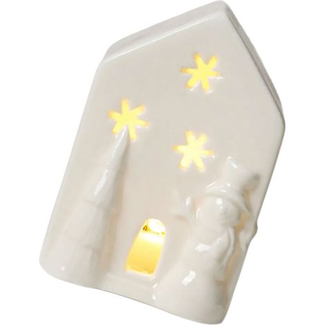 Casita navideña de barro, decoración iluminada con LED, - Blanco