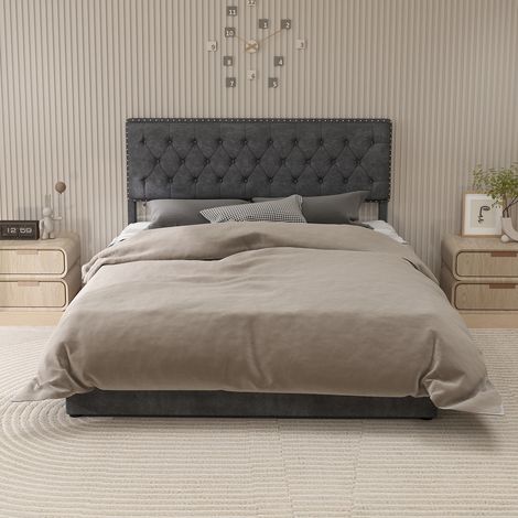 Lit moelleux 160 x 200cm gris, tête douce, caisse haute hydraulique, mobilier chambre, vendu sans matelas