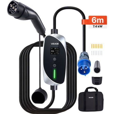 VEVOR Cargador para Vehículo Electrico Tipo 2 Monofásico 7,4 kW 32 A, Cargador de Pared EV con Cable de 6 m, Punto de Carga con Enchufe CEE32, Pantalla LCD, Estación de Carga y Caja de Control IP66 (1/5)