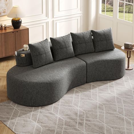 Canapé en lin avec 4 coussins, garnissage en mousse haute densité et plumes, porte-gobelet et poche latérale – Design unique, confortable et respirant, idéal pour le salon, la chambre d'amis ou le bal