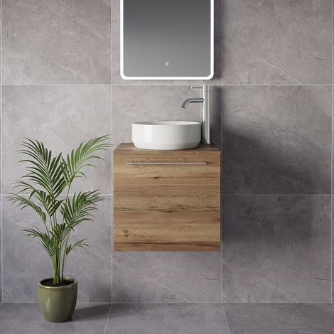 Napoli 390 Tobacco Oak 500mm Wall Mounted Single Drawer Vanity Unit for Countertop Basins - 500mm - Chrome 320mm Handle